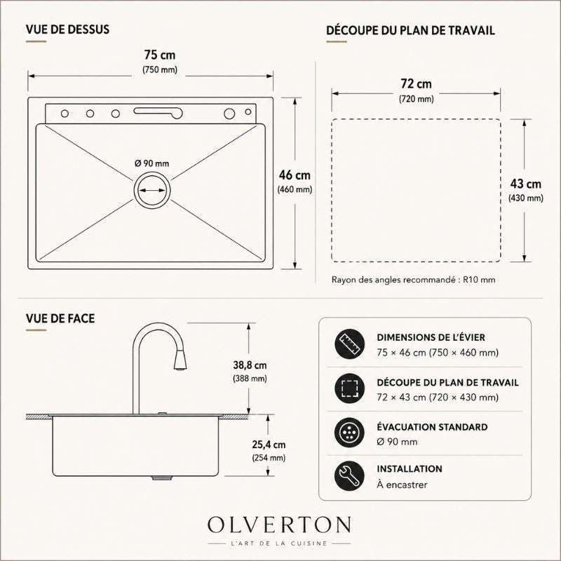 Évier de cuisine noir multifonction 75 × 46 cm avec robinet extractible - OVS7546-A1