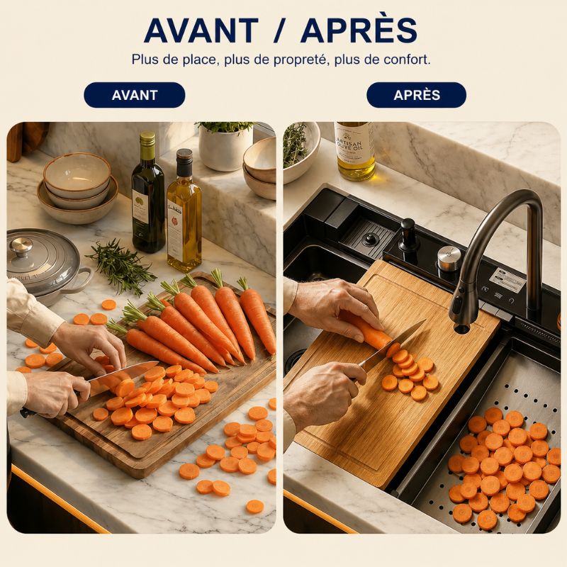 Évier de cuisine noir multifonction 75 × 46 cm avec robinet extractible - OVS7546-A1