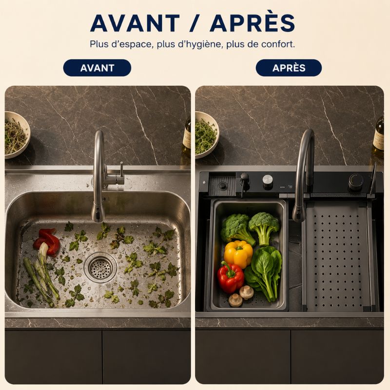 Évier de cuisine noir multifonction 75 × 46 cm avec robinet extractible - OVS7546-A1