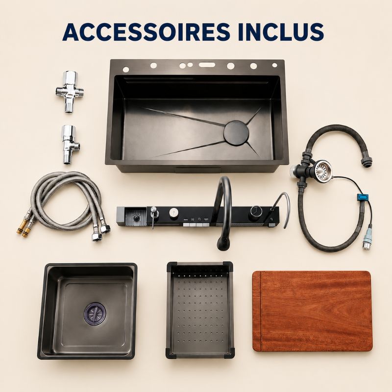 Évier de cuisine noir multifonction 75 × 46 cm avec robinet extractible - OVS7546-A1