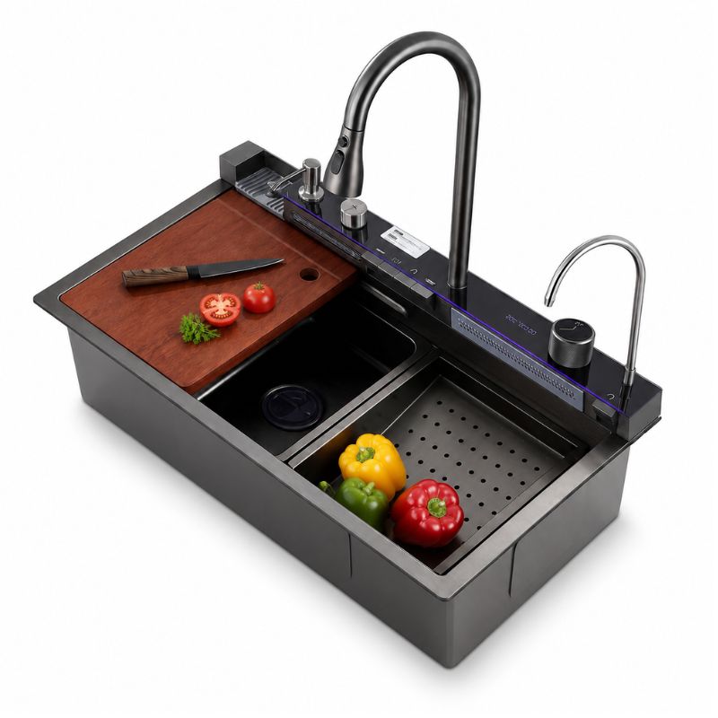 Évier de cuisine noir multifonction 75 × 46 cm avec robinet extractible - OVS7546-A1
