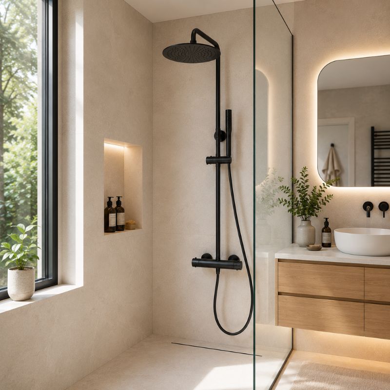 NOXIS – Colonne de douche thermostatique noir mat avec ciel de douche