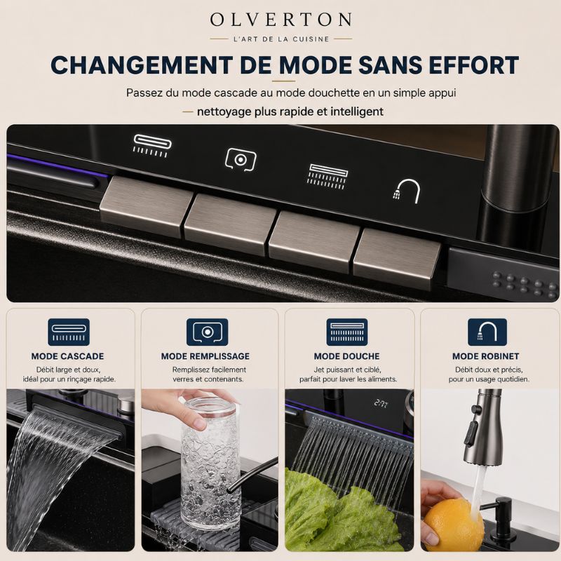 Évier de cuisine noir multifonction 75 × 46 cm avec robinet extractible - OVS7546-A1