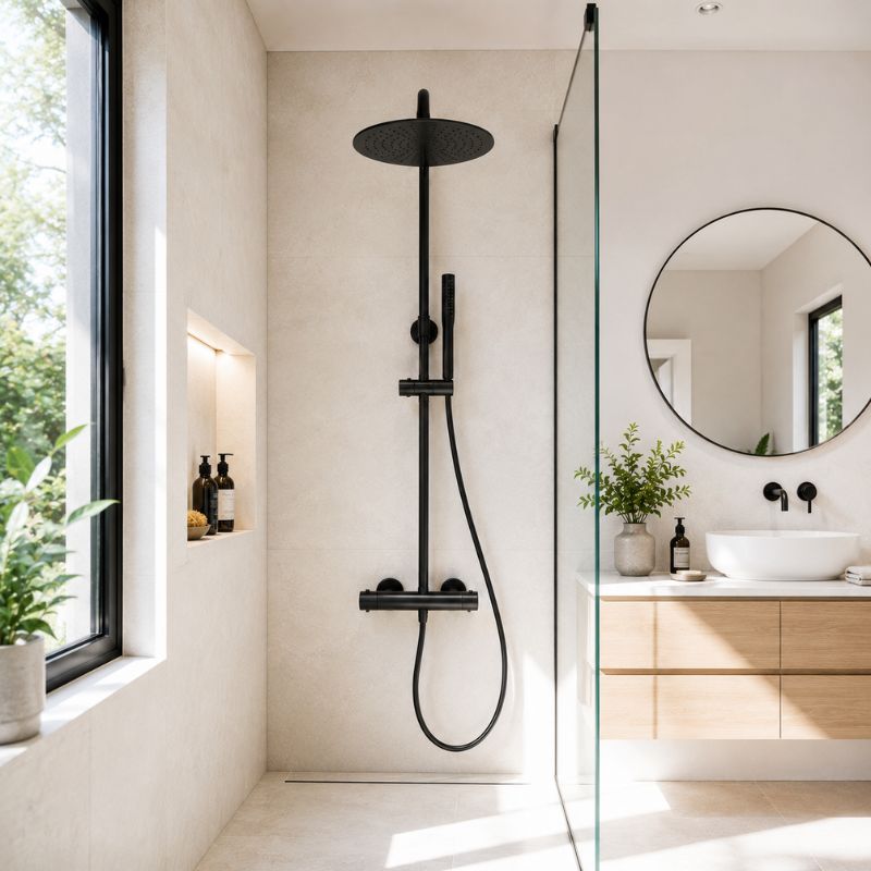 NOXIS – Colonne de douche thermostatique noir mat avec ciel de douche