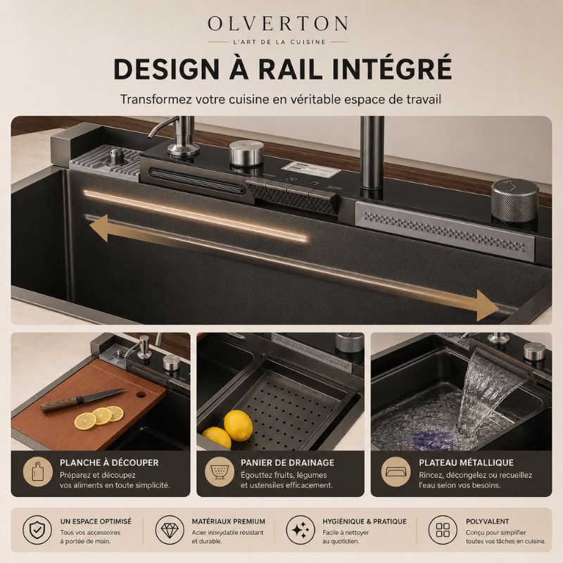 Évier de cuisine noir multifonction 75 × 46 cm avec robinet extractible - OVS7546-A1
