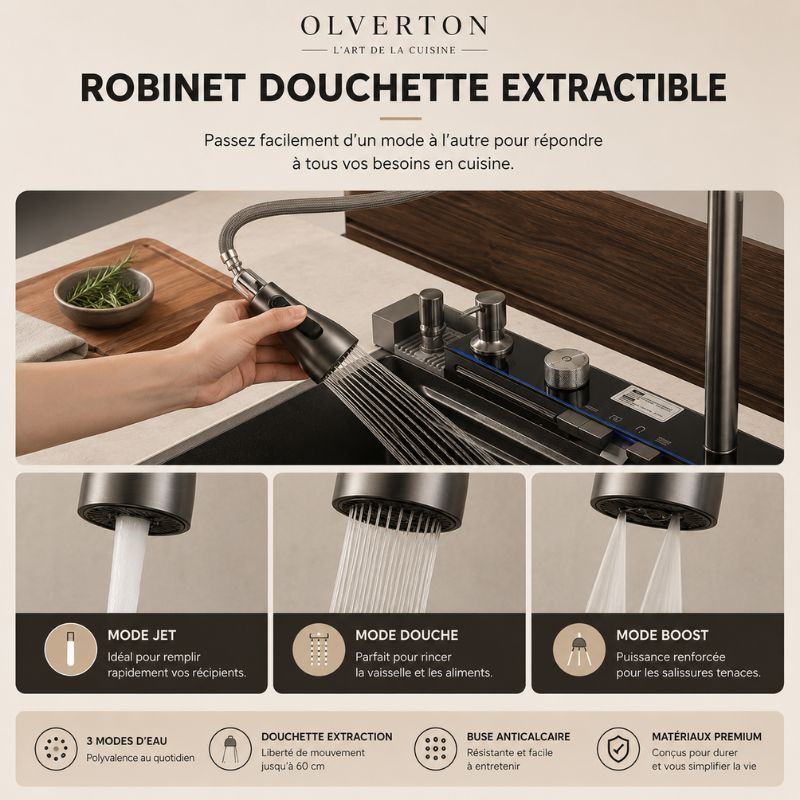 Évier de cuisine noir multifonction 75 × 46 cm avec robinet extractible - OVS7546-A1