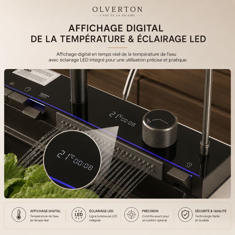 Évier de cuisine noir multifonction 75 × 46 cm avec robinet extractible - OVS7546-A1
