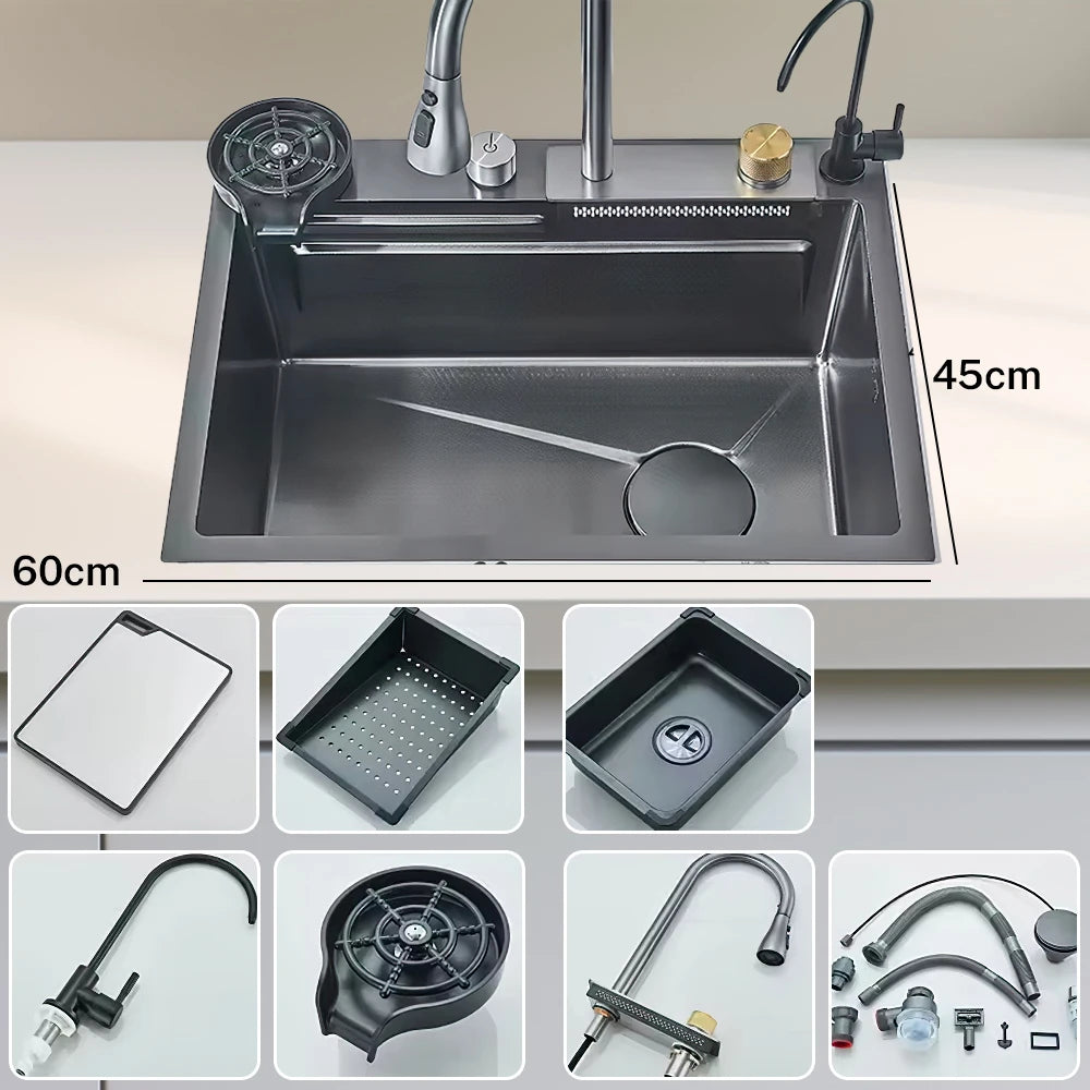 Évier de cuisine en inox avec robinet cascade et affichage digital