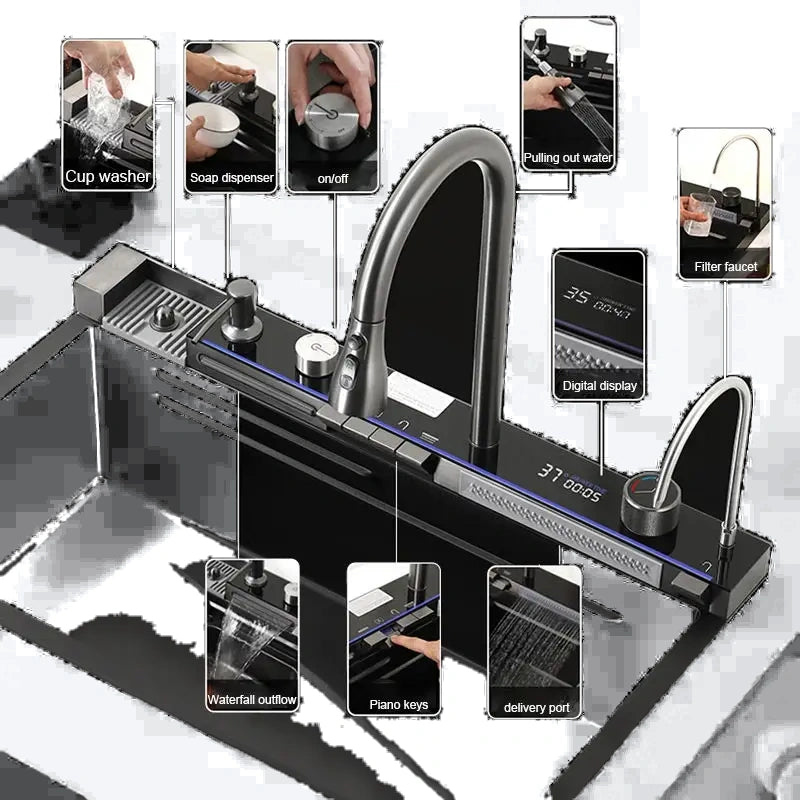 Évier de cuisine en inox avec robinet cascade et affichage digital