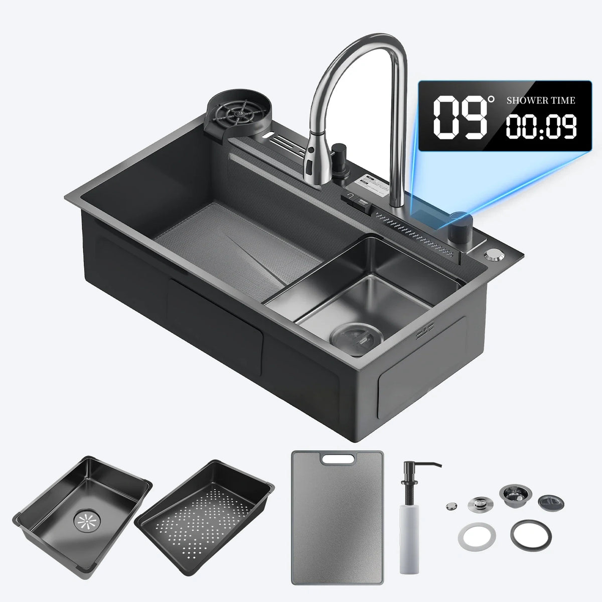 Évier de cuisine en inox avec robinet cascade et affichage digital