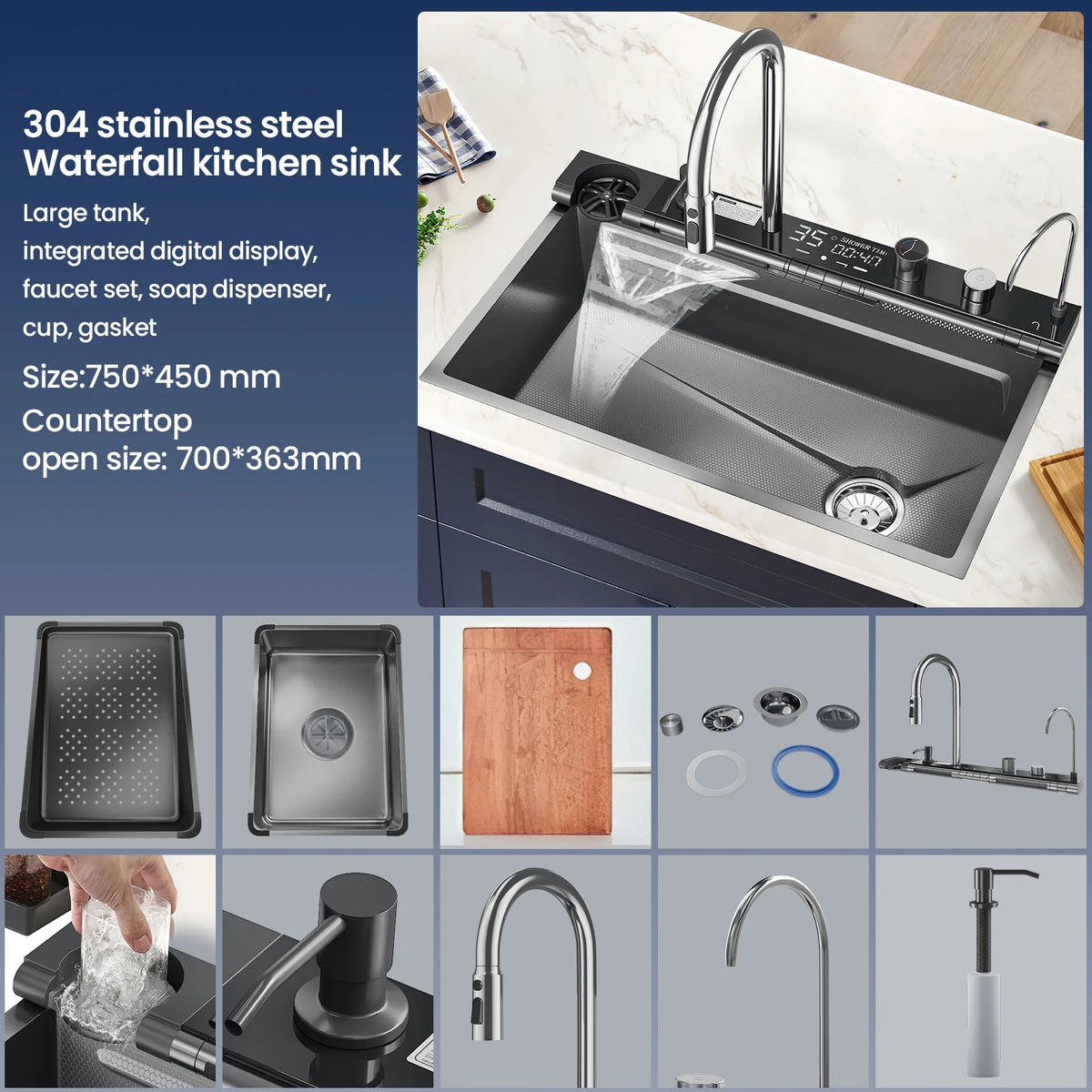 Évier de cuisine en inox avec robinet cascade et affichage digital
