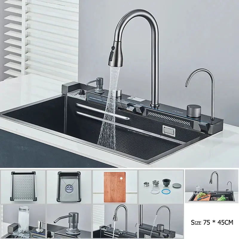 Évier de cuisine en inox avec robinet cascade et affichage digital