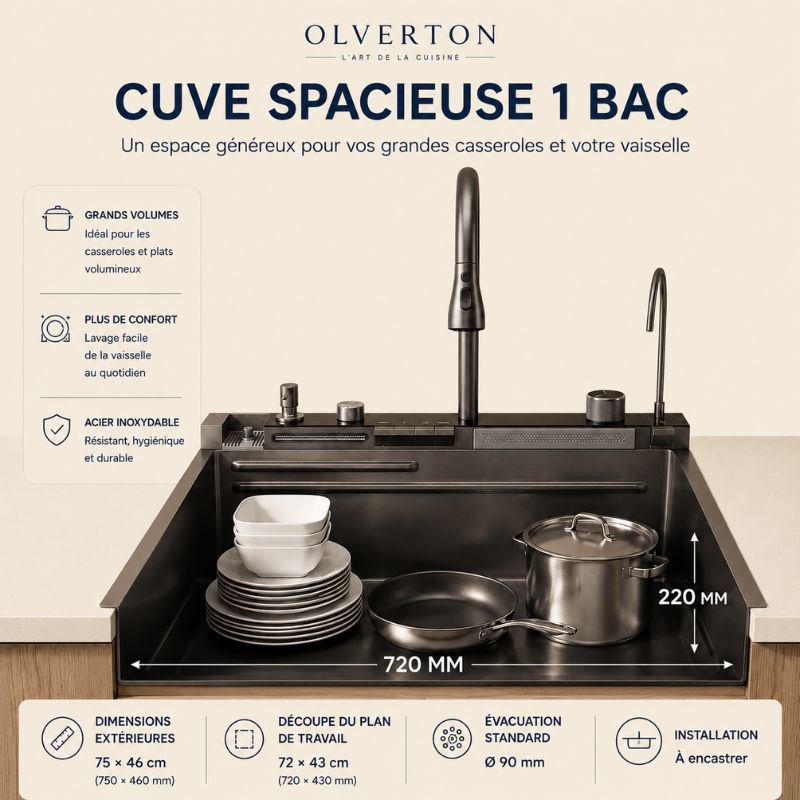 Évier de cuisine noir multifonction 75 × 46 cm avec robinet extractible - OVS7546-A1