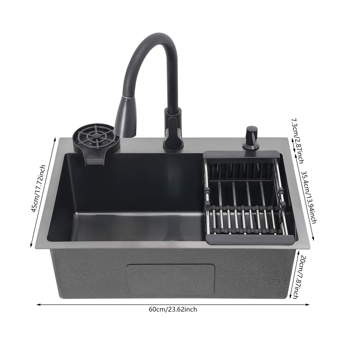 Évier de cuisine noir avec robinet extractible et accessoires