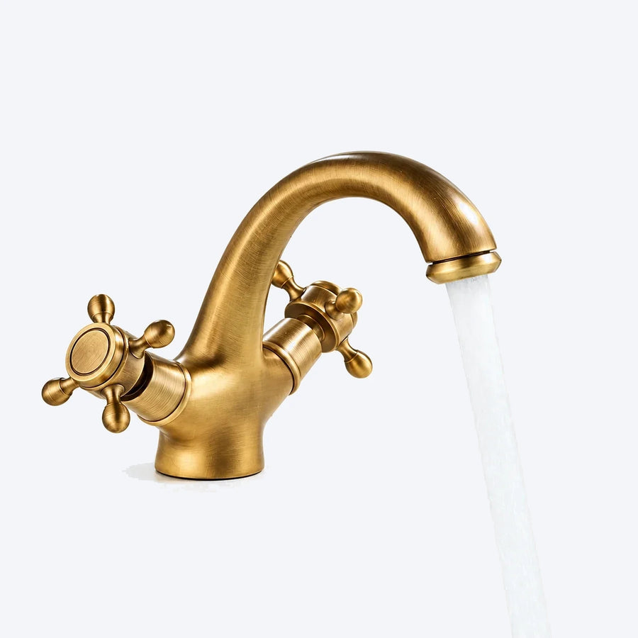 Mélangeur de lavabo rétro à poignées croisillon — Laiton antique