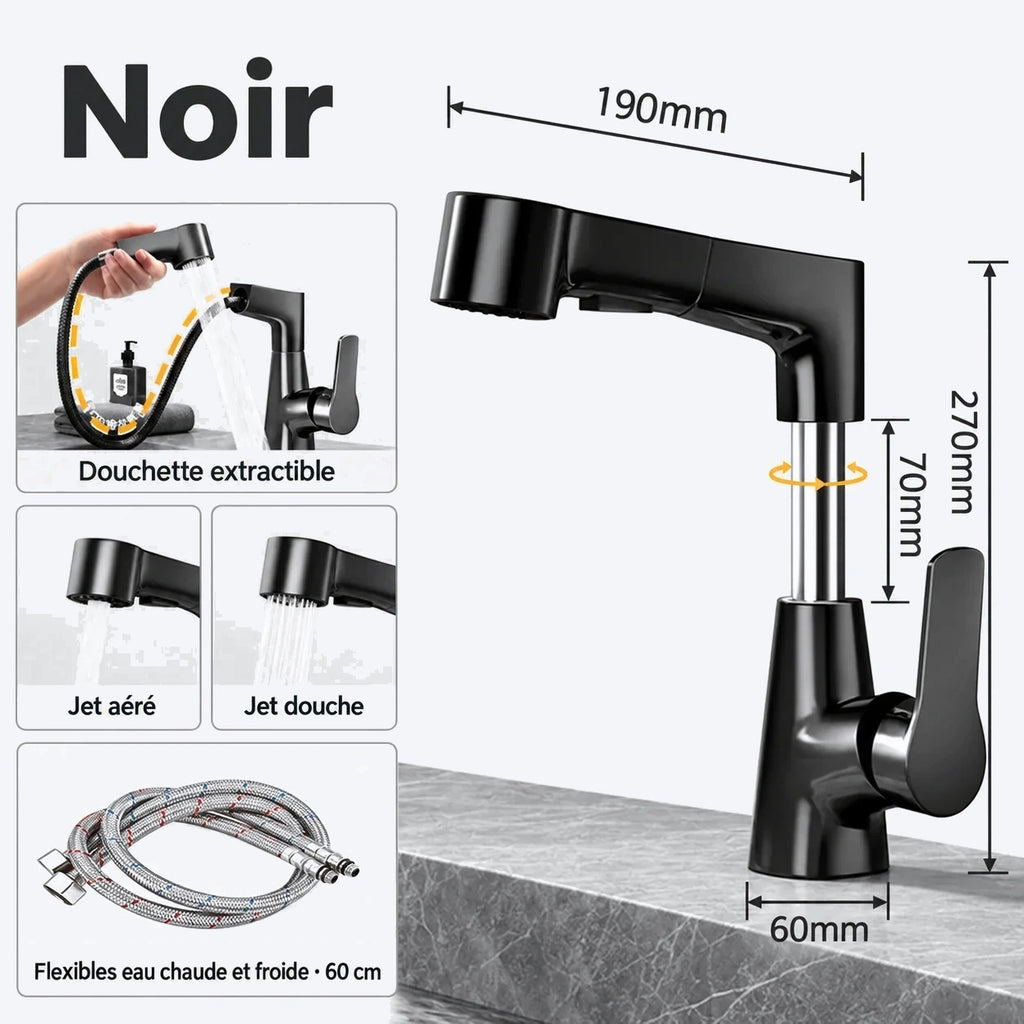 Mitigeur de lavabo avec douchette extractible et bec pivotant