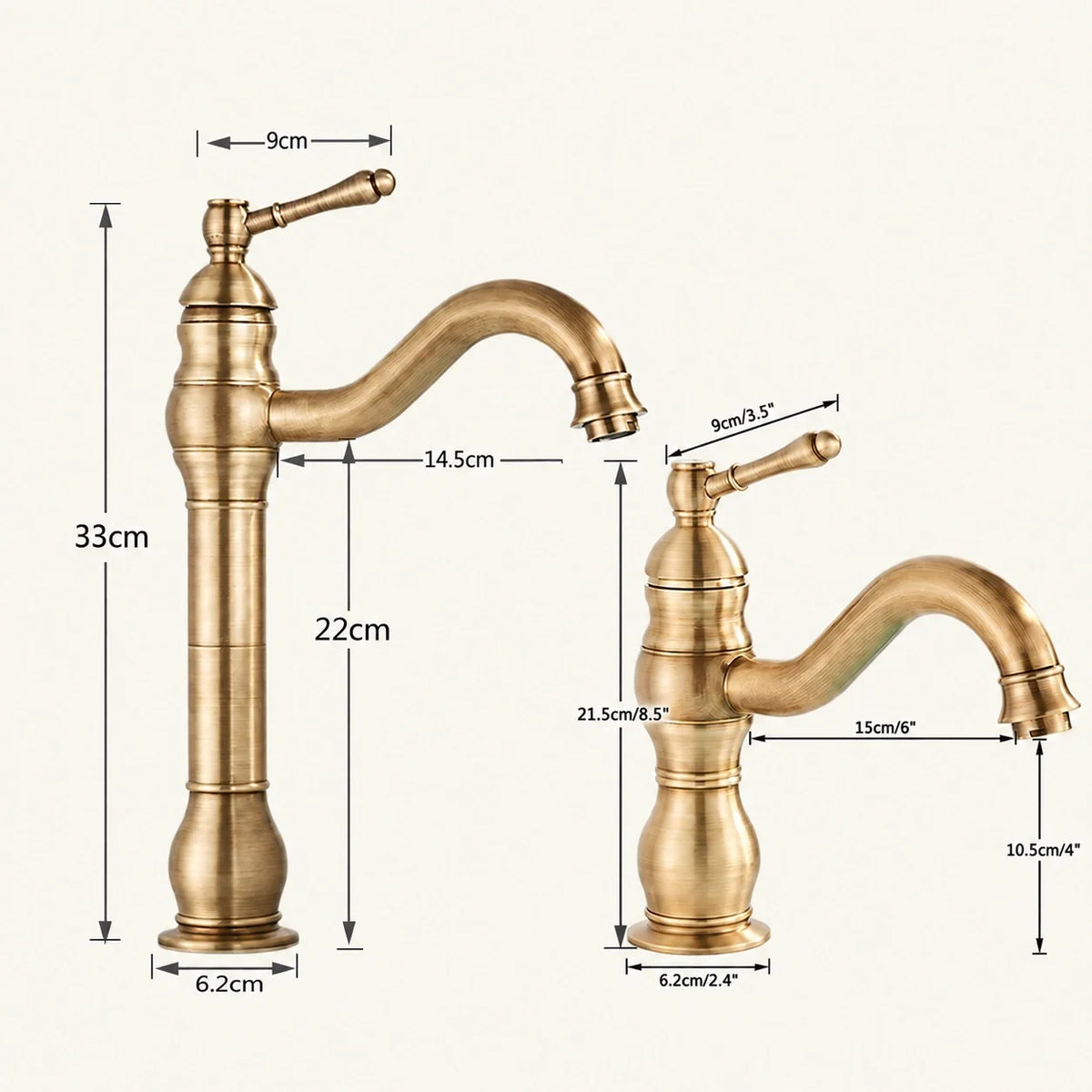 Mitigeur de lavabo rétro en laiton — dimensions