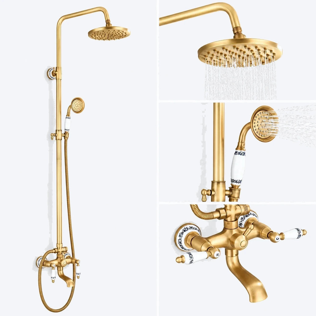 Colonne bain-douche rétro en laiton antique à deux poignées