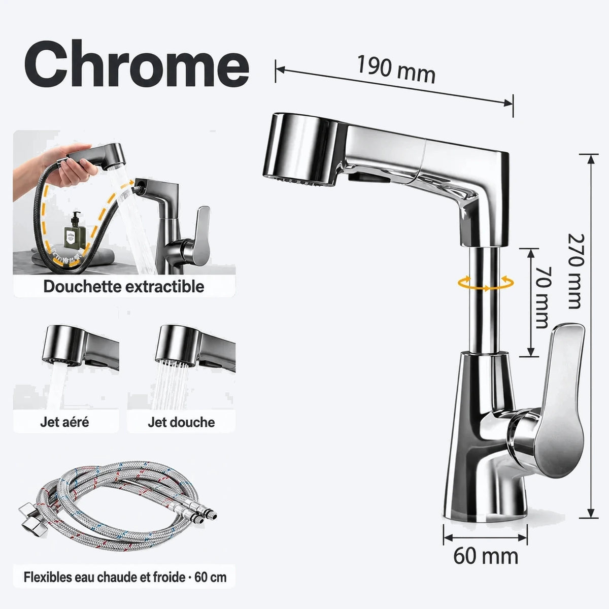 Mitigeur de lavabo avec douchette extractible et bec pivotant
