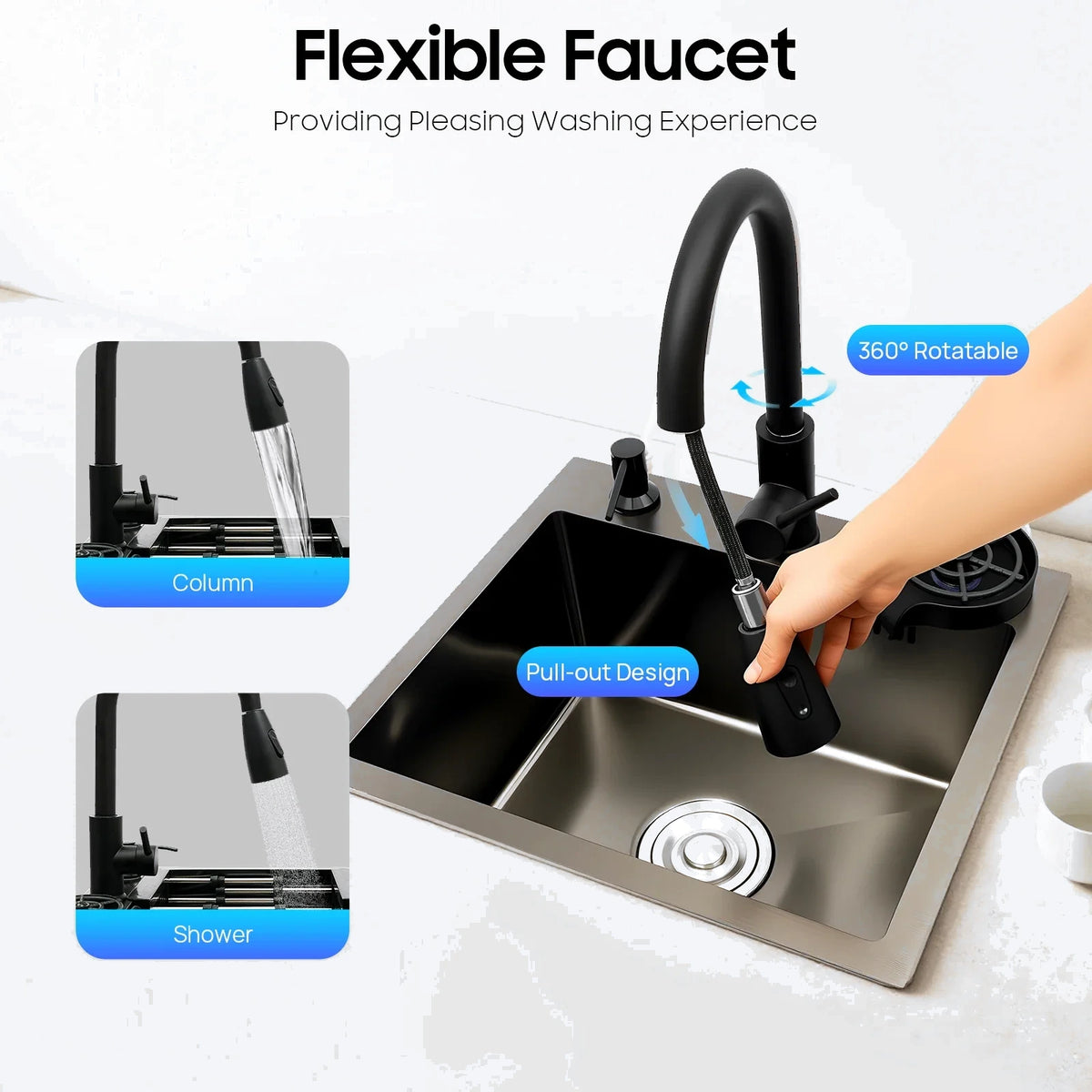 Évier de cuisine noir avec robinet extractible et accessoires