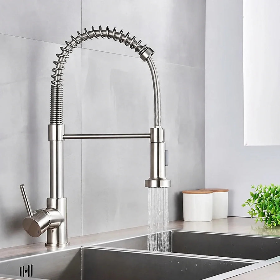 Mitigeur de cuisine à ressort avec douchette orientable — Nickel brossé