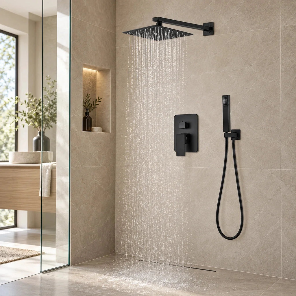 Ensemble de douche encastrable noir mat à tête carrée de 25 cm — mise en situation