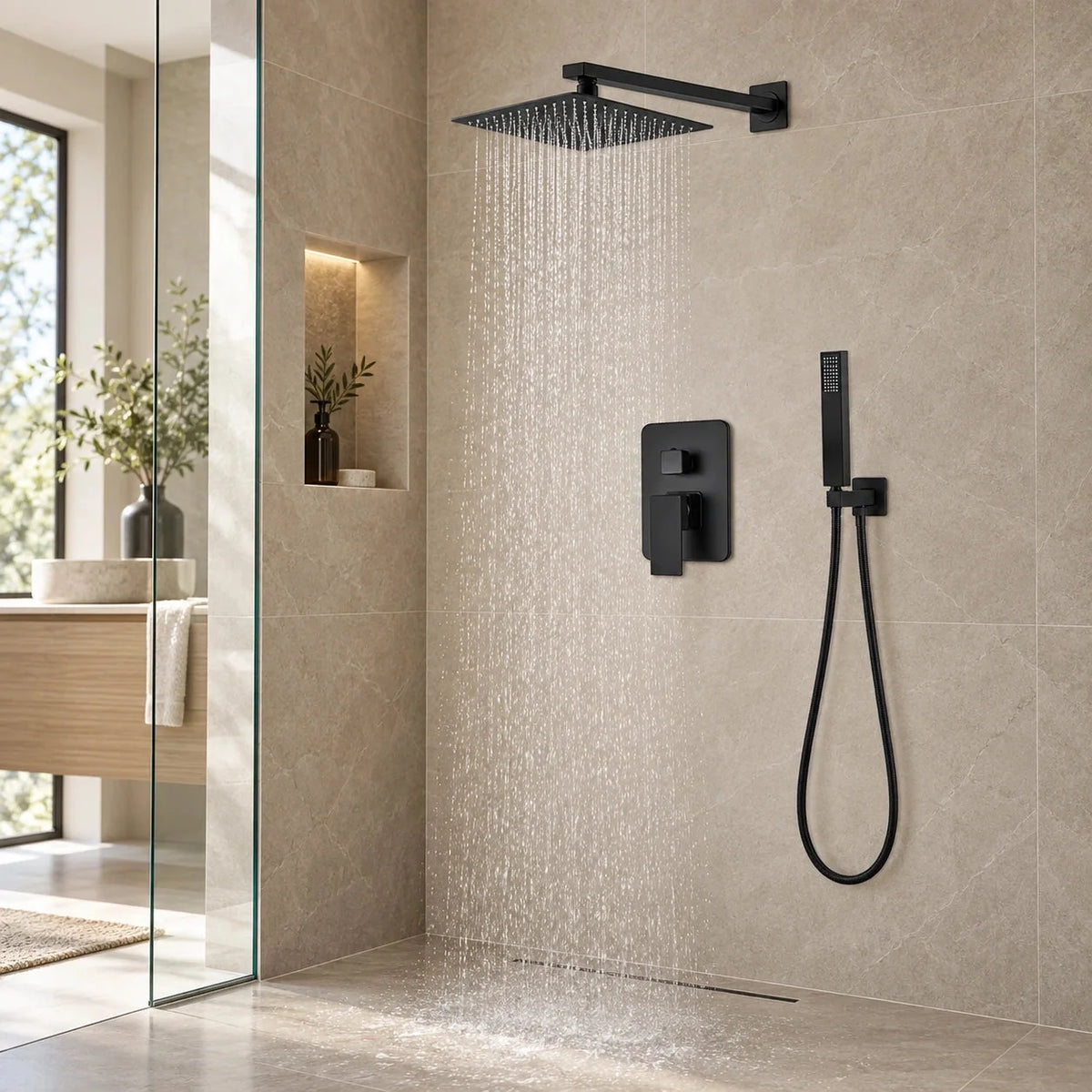Ensemble de douche encastrable noir mat à tête carrée de 25 cm — mise en situation