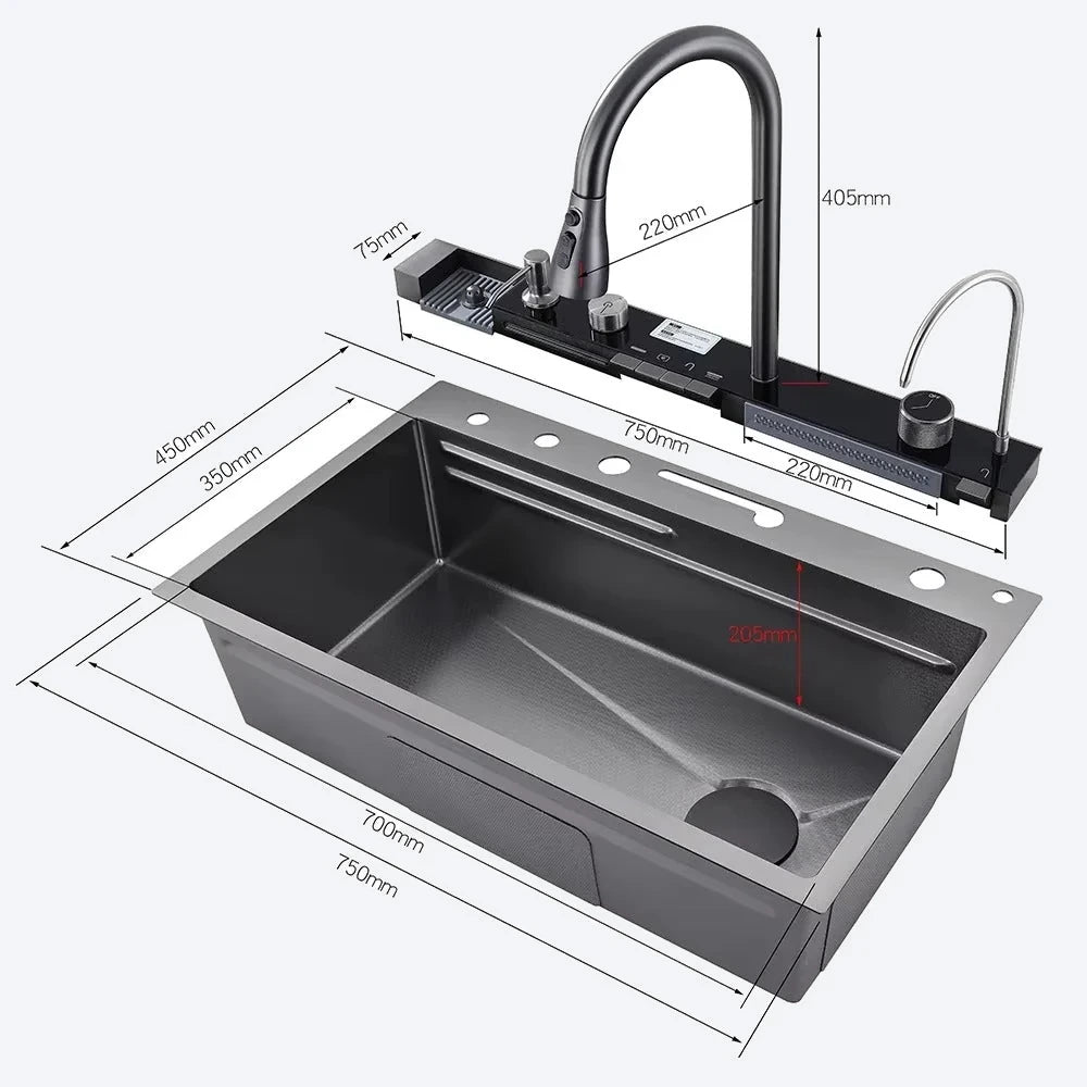 NEREO — Évier de cuisine multifonction noir 1 bac 75 cm – inox 304
