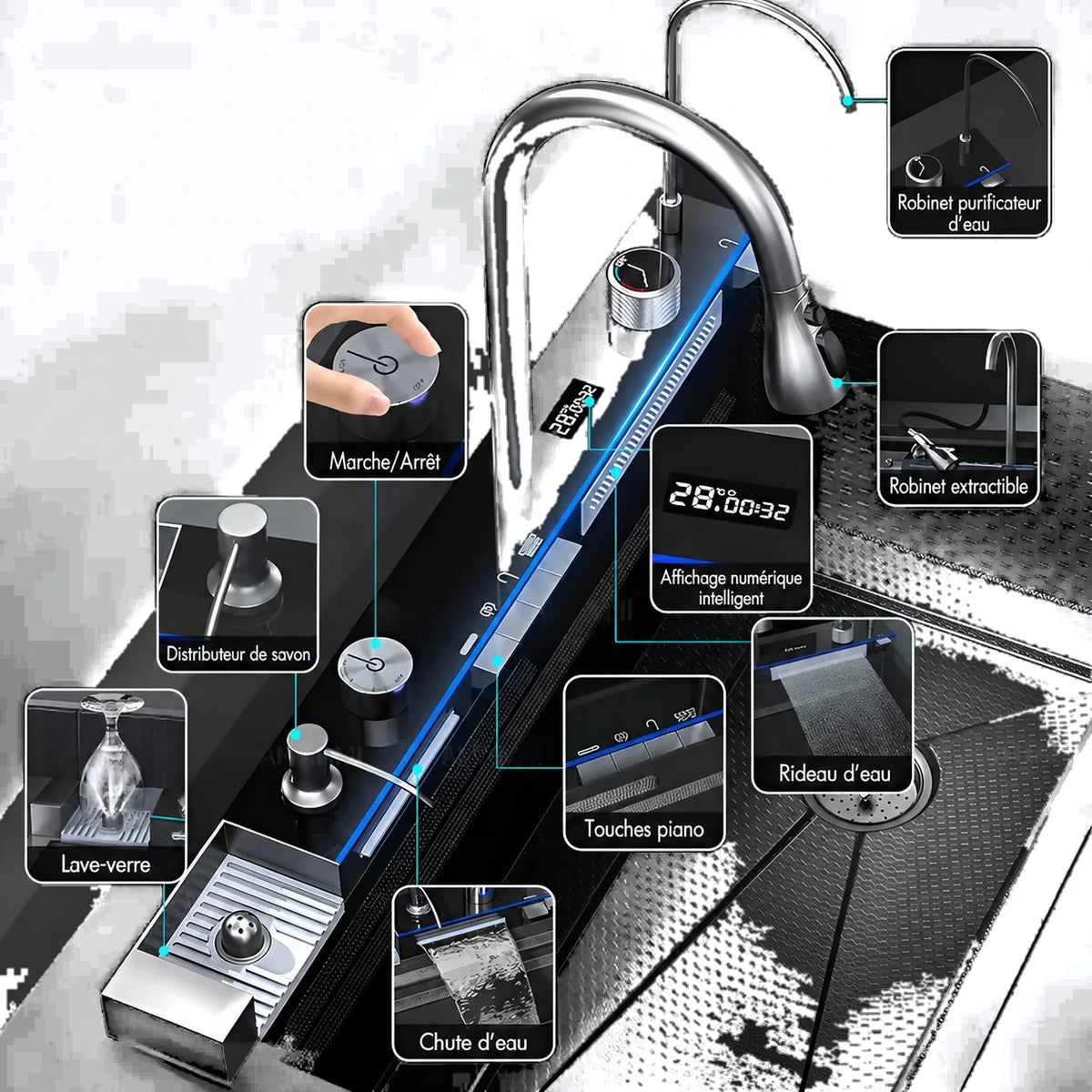 NEREO — Évier de cuisine multifonction noir 1 bac 75 cm – inox 304