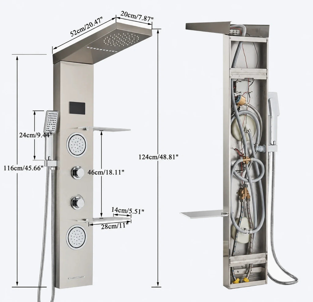 VELORA — Colonne de douche hydromassante digitale · Nickel brossé