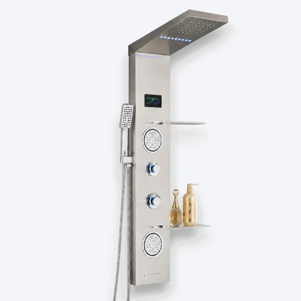 VELORA — Colonne de douche hydromassante digitale · Nickel brossé
