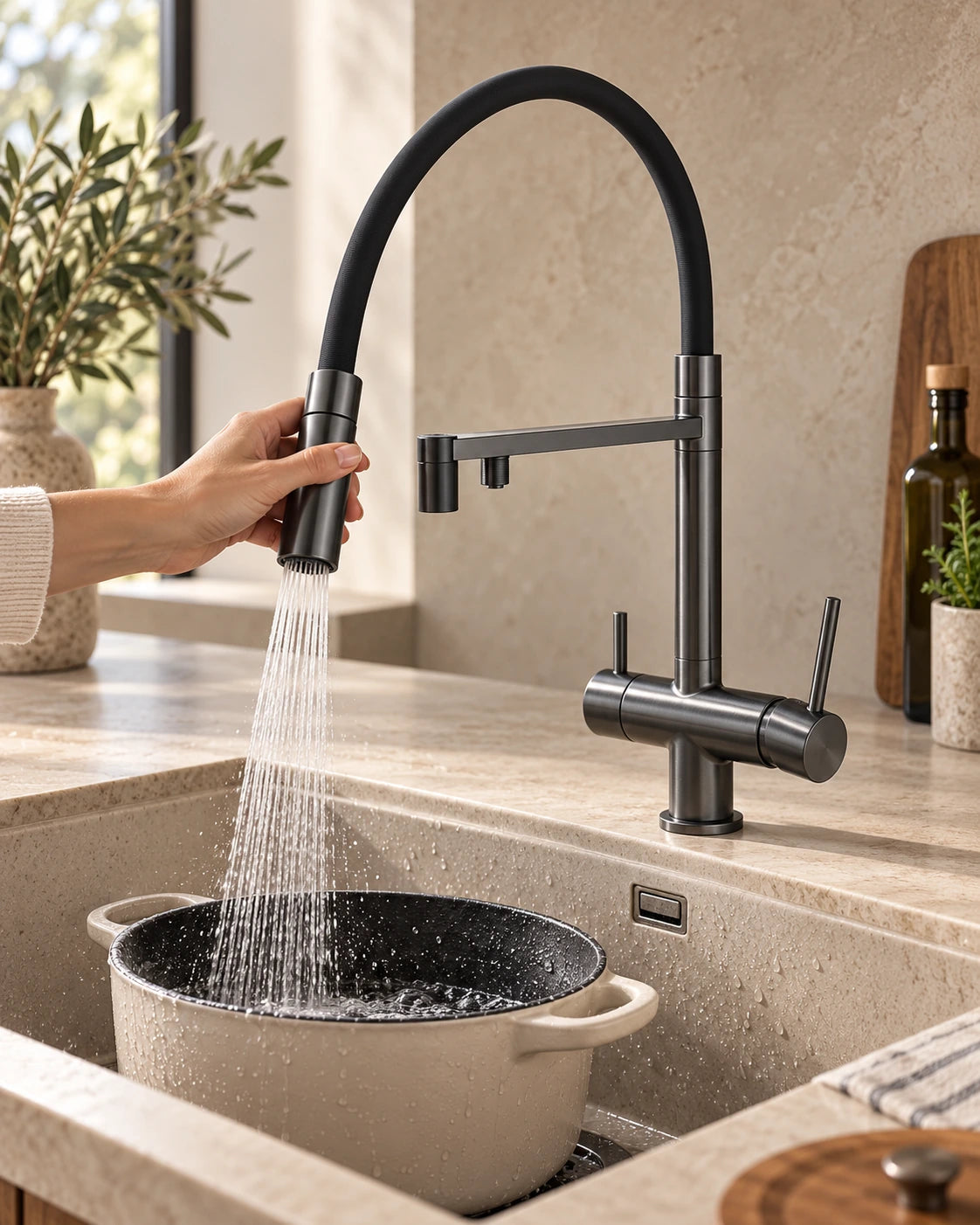 Douchette extractible du mitigeur KLÄRA gris anthracite rinçant une cocotte #Gris anthracite