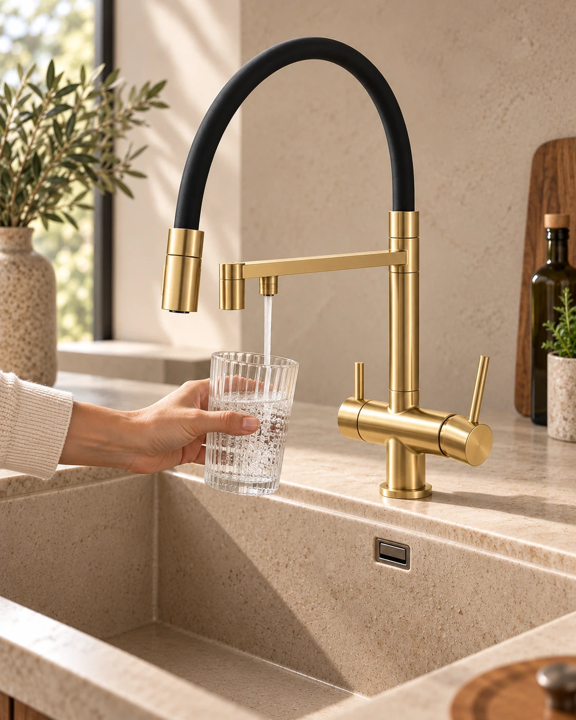 Une main remplit un verre d’eau filtrée au mitigeur 3 voies KLÄRA or brossé #Or brossé