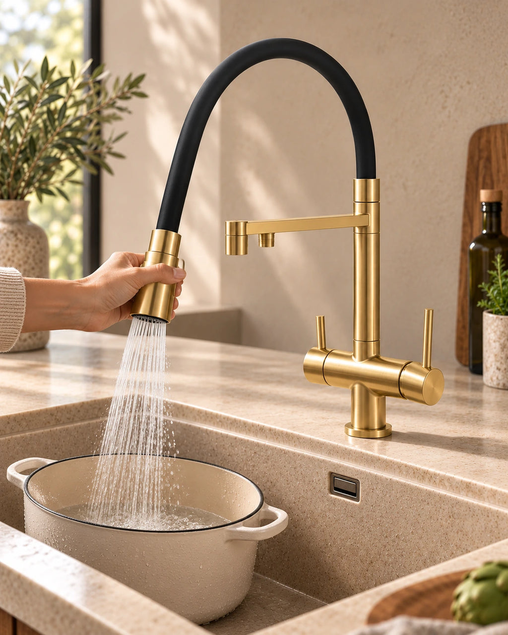 Douchette extractible du mitigeur KLÄRA or brossé rinçant une cocotte #Or brossé