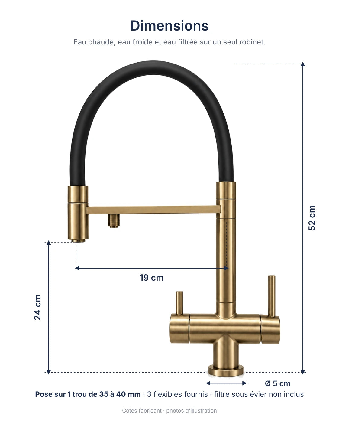 Dimensions du mitigeur 3 voies KLÄRA or brossé #Or brossé