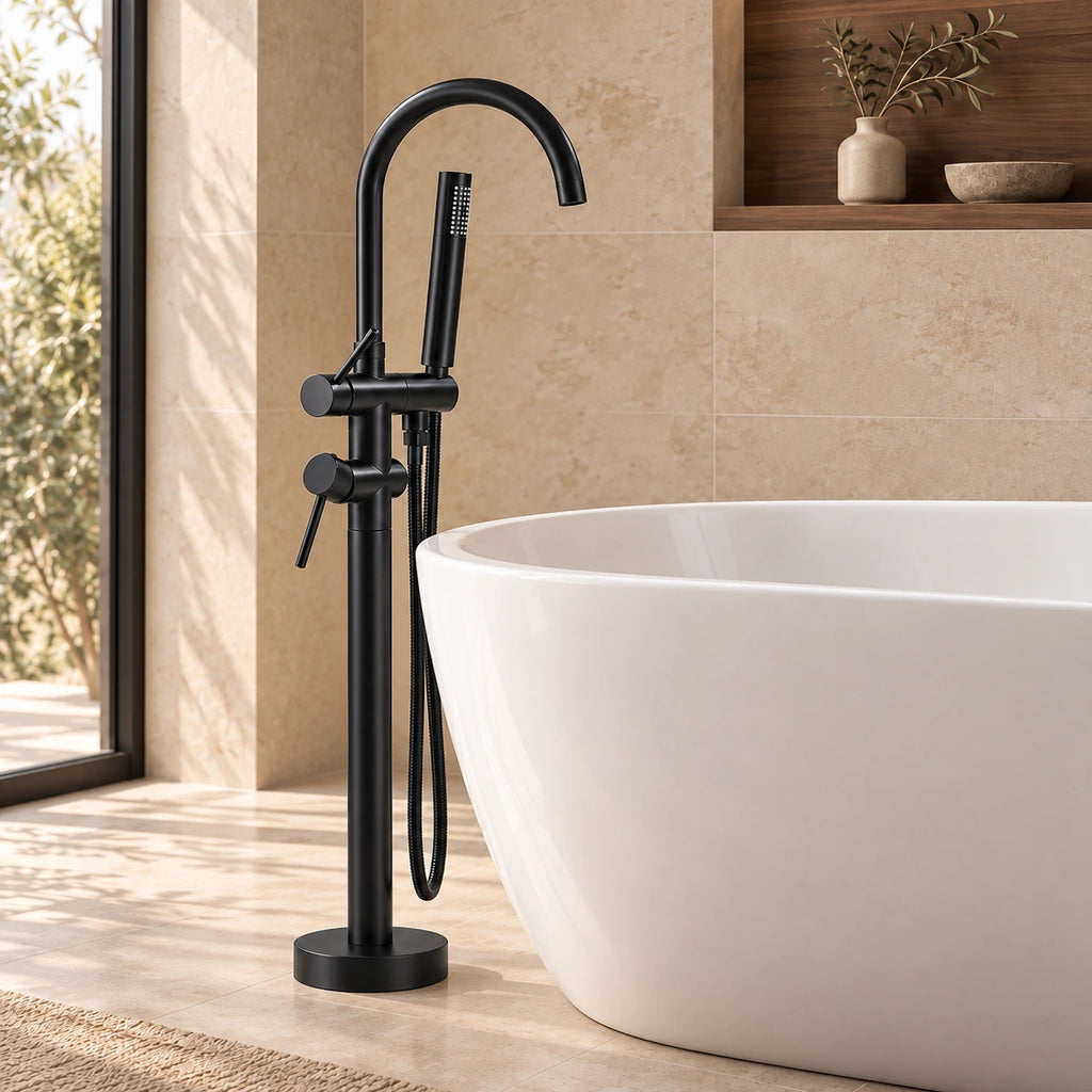 Mitigeur de baignoire sur pied noir mat dans une salle de bain en pierre beige