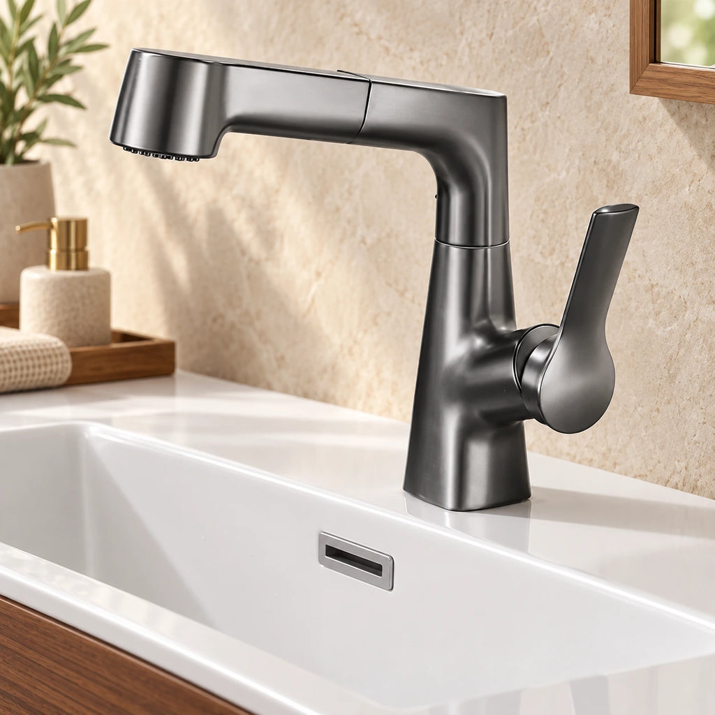 Mitigeur de lavabo extractible gris anthracite sur vasque blanche, mise en situation