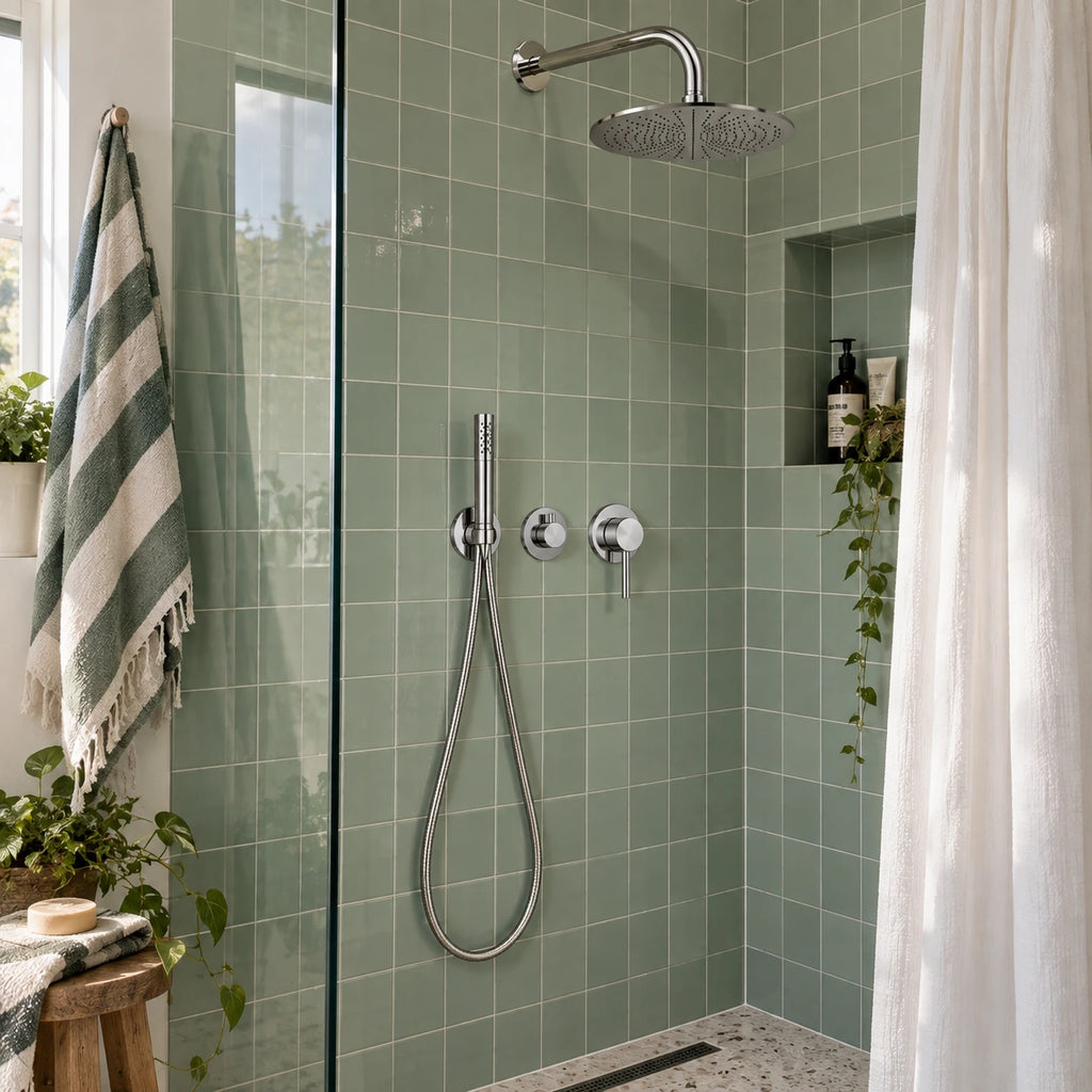 Douche rétro vert menthe avec colonne encastrée chromée bras coudé