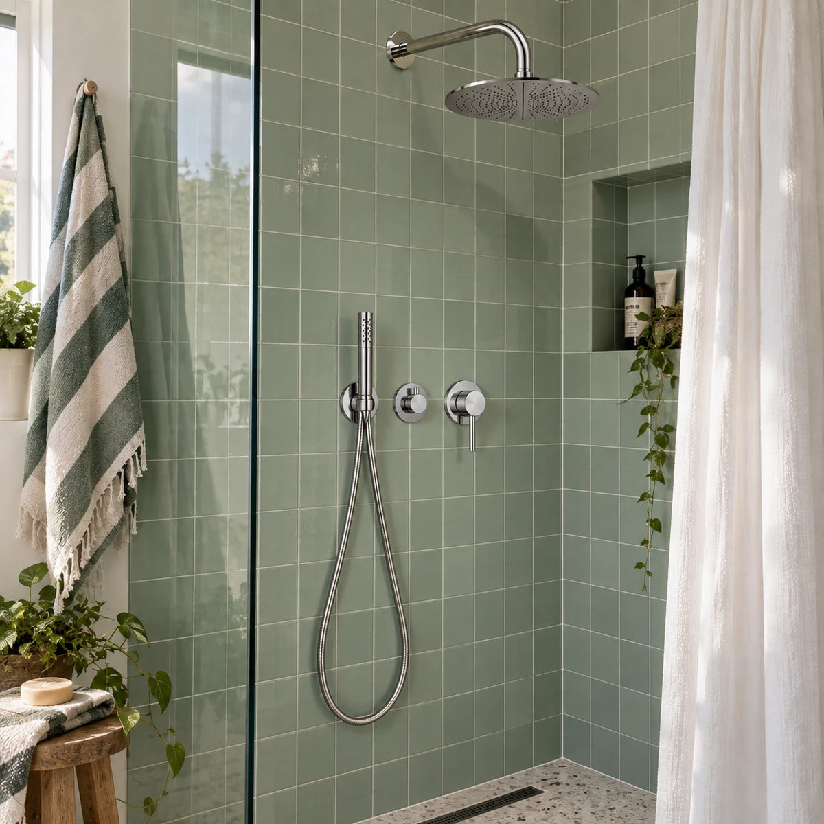 Douche rétro vert menthe avec colonne encastrée chromée bras coudé