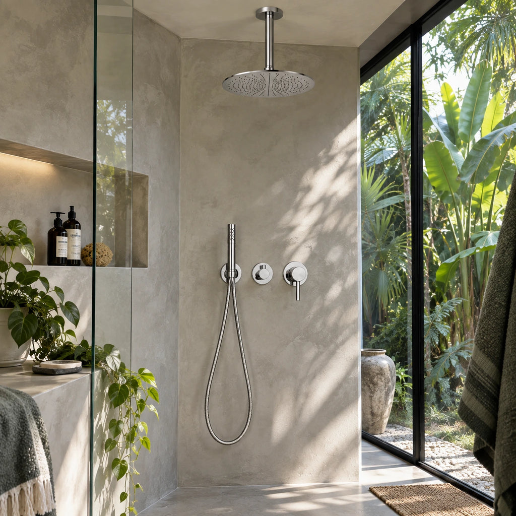 Douche en microciment avec ciel de pluie chromé au plafond