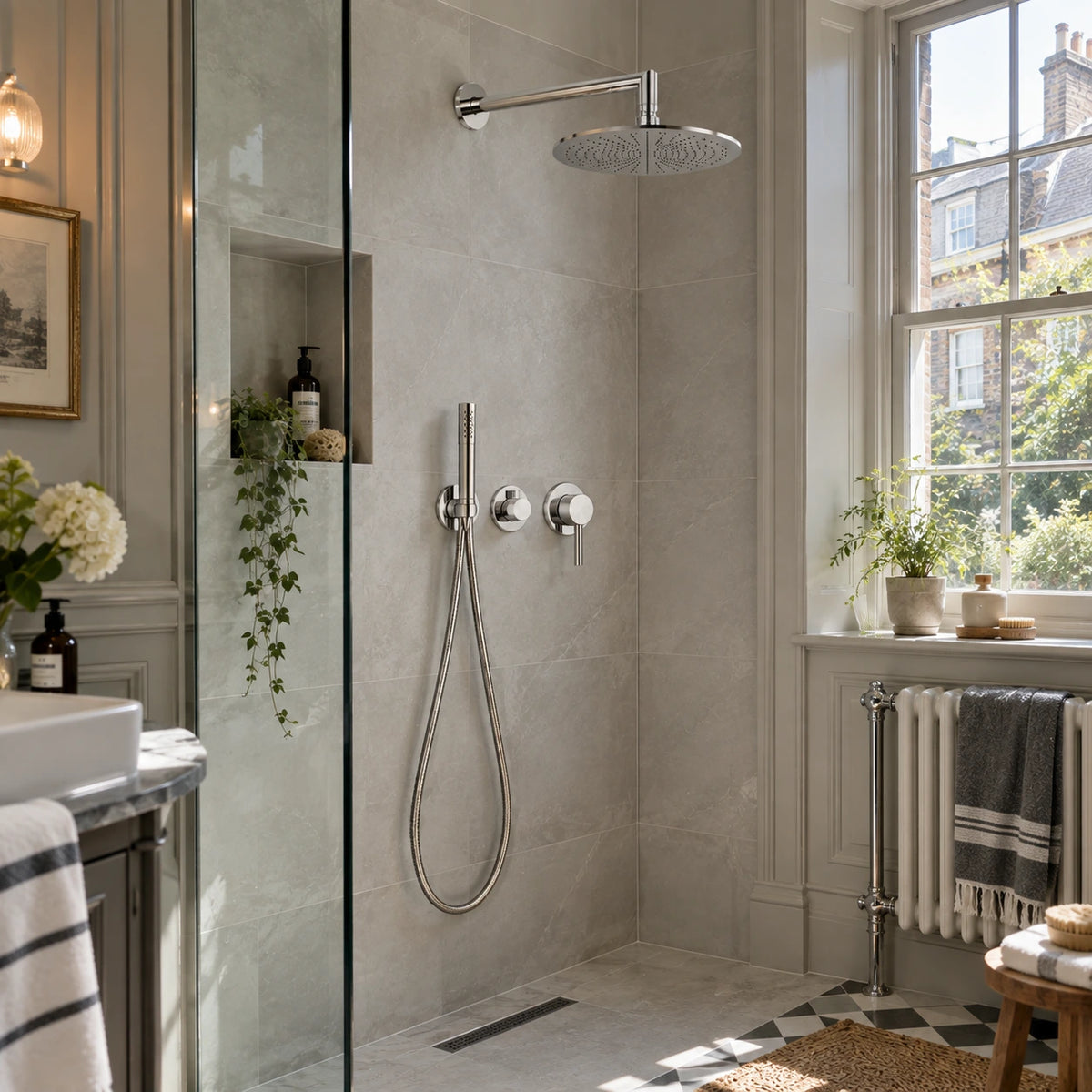 Salle de bain anglaise avec colonne de douche encastrée chromée