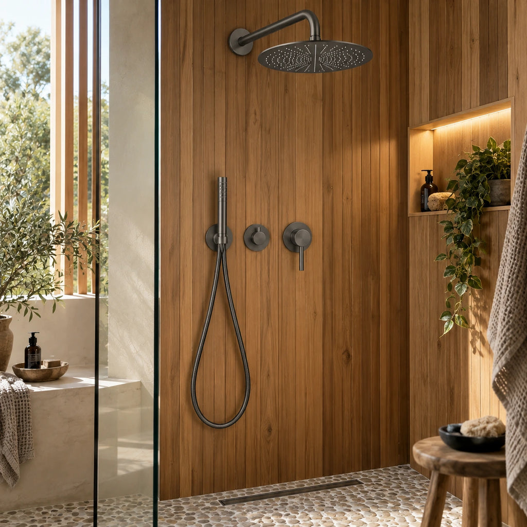 Douche esprit spa en teck avec colonne gris brossé bras coudé