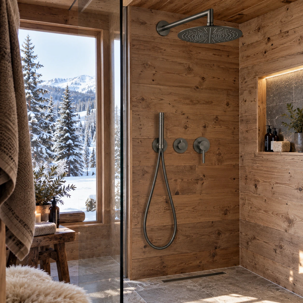 Douche de chalet avec colonne encastrée gris brossé bras droit