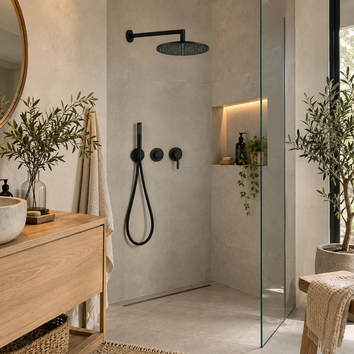 Douche walk-in effet béton avec colonne encastrée noir mat bras droit