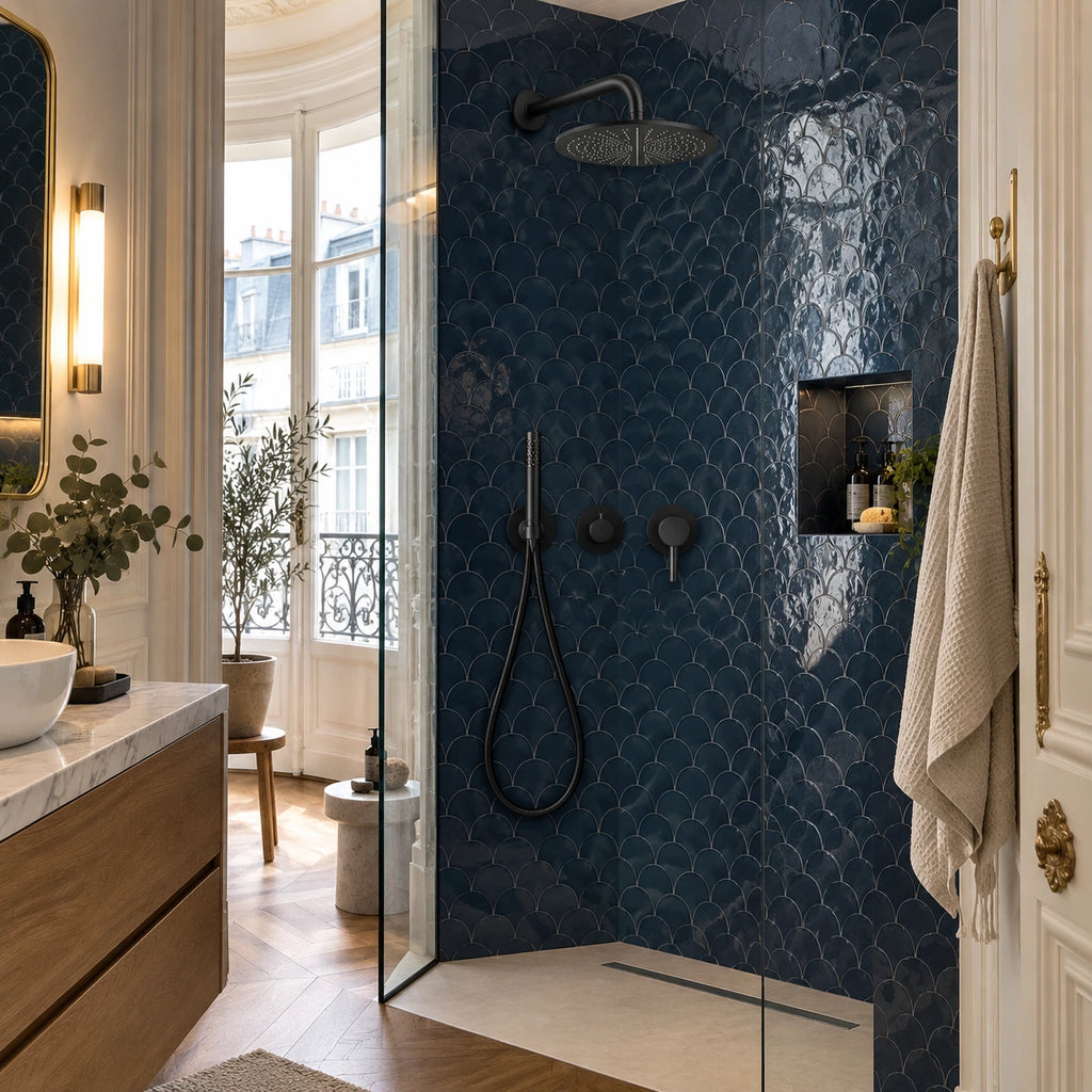 Douche carreaux écaille bleu nuit avec colonne noir mat bras coudé