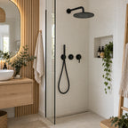 Salle de bain scandinave avec douche encastrée noir mat bras coudé