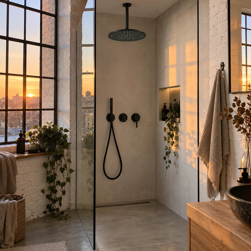 Douche de loft en briques avec ciel de pluie noir mat au plafond