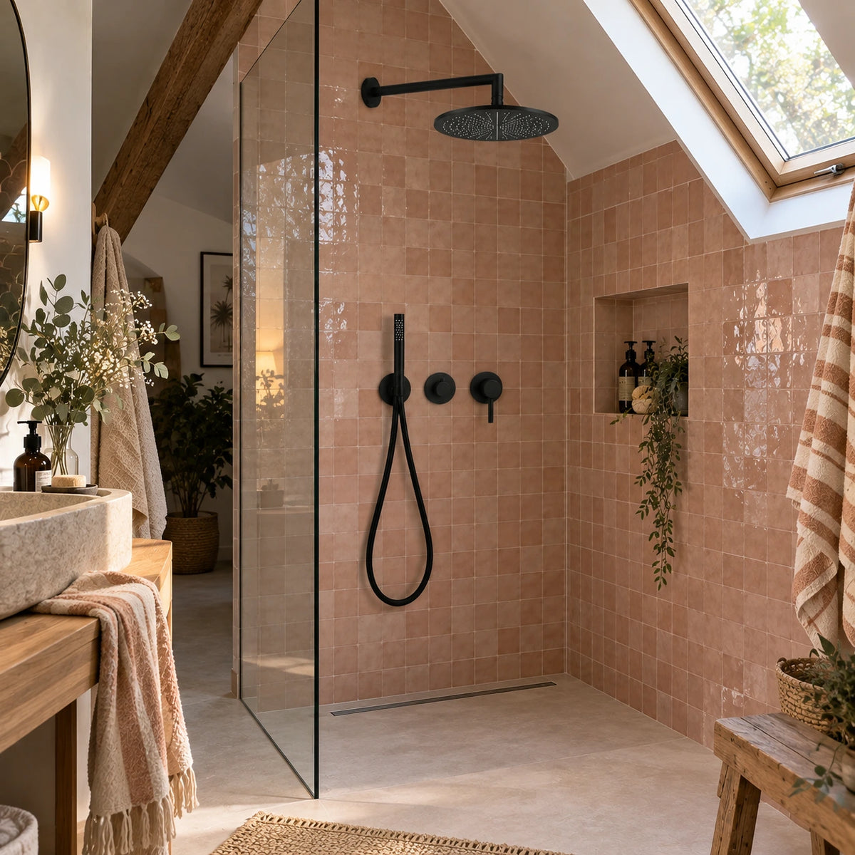Douche sous combles avec colonne encastrée noir mat bras droit