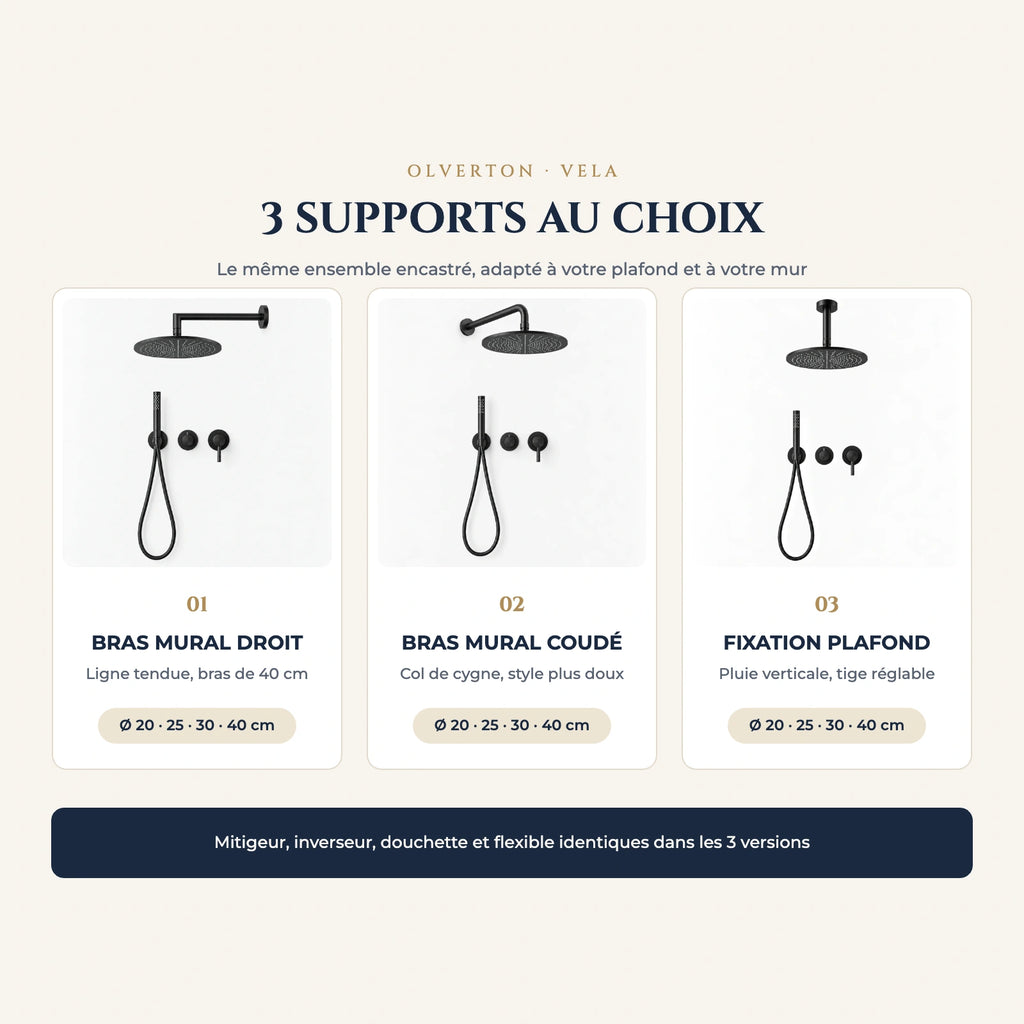 Les 3 supports au choix : bras droit, bras coudé, plafond
