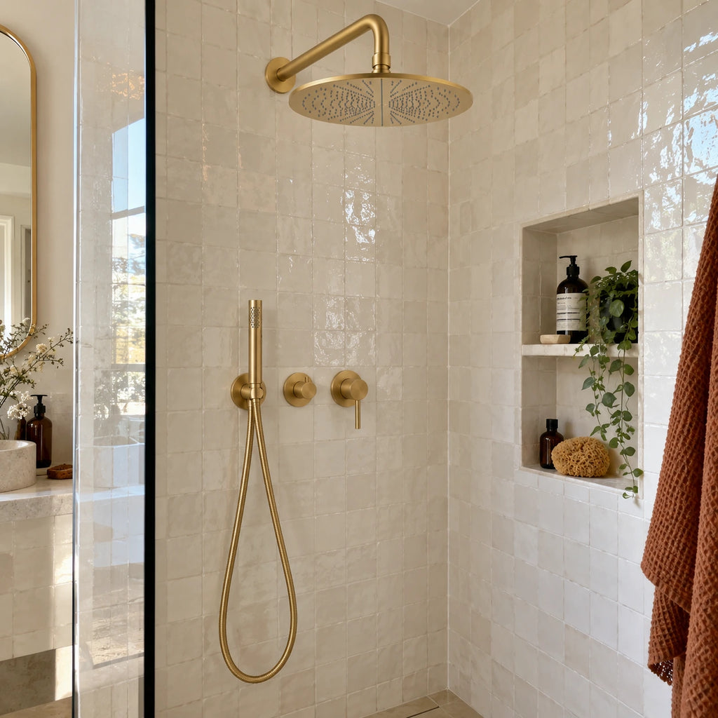 Douche à l'italienne zellige avec colonne encastrée or brossé bras coudé